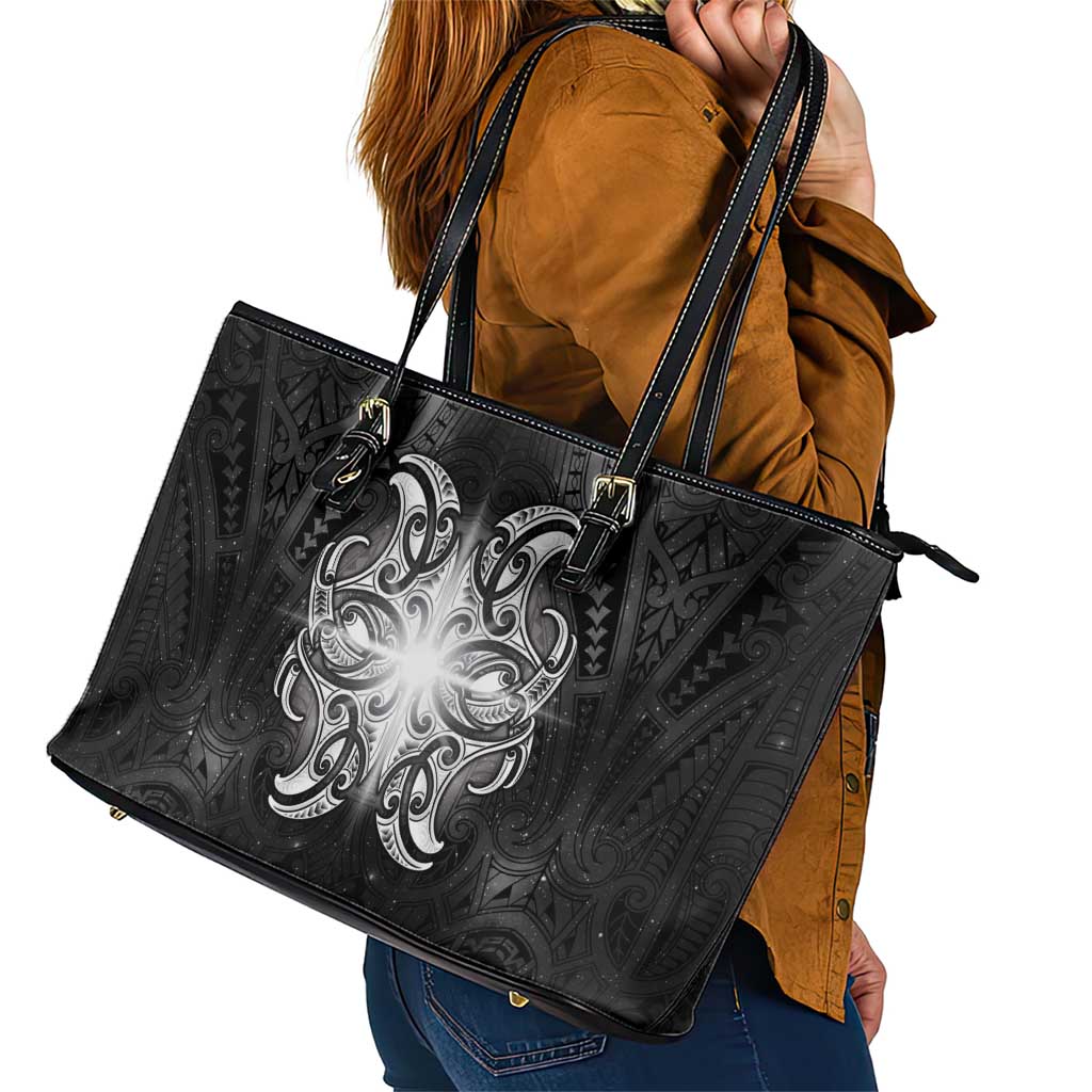 New Zealand Matariki Leather Tote Bag Maori Moko Black Galaxy LT05 - Polynesian Pride