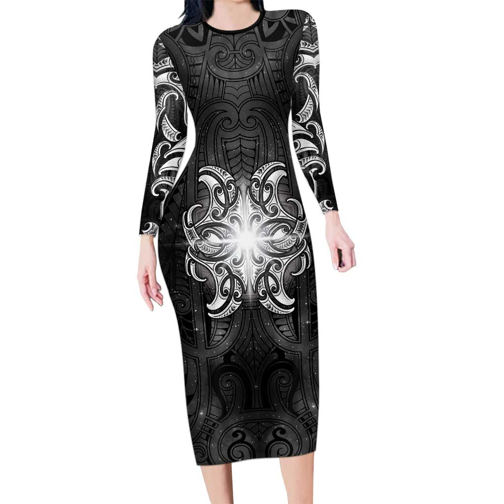 New Zealand Matariki Long Sleeve Bodycon Dress Maori Moko Black Galaxy LT05 Long Dress Black - Polynesian Pride
