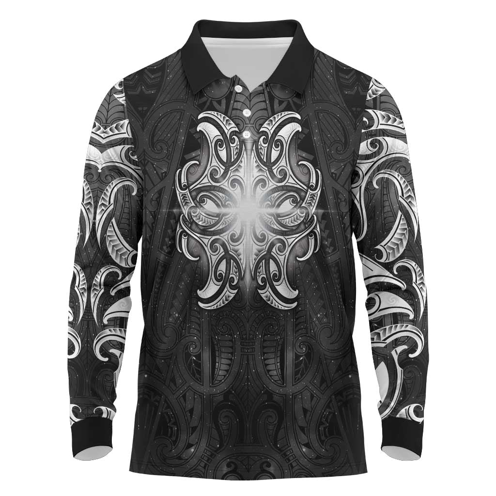 New Zealand Matariki Long Sleeve Polo Shirt Maori Moko Black Galaxy