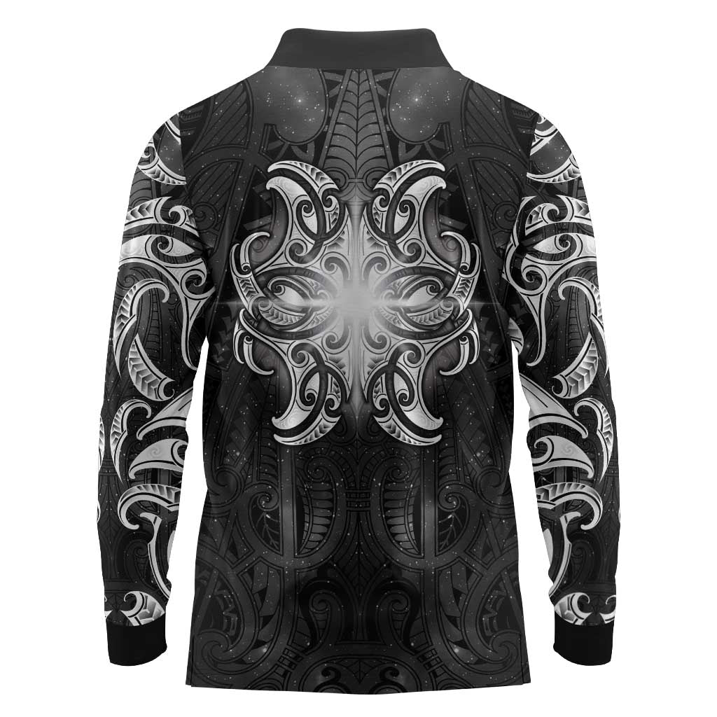 New Zealand Matariki Long Sleeve Polo Shirt Maori Moko Black Galaxy