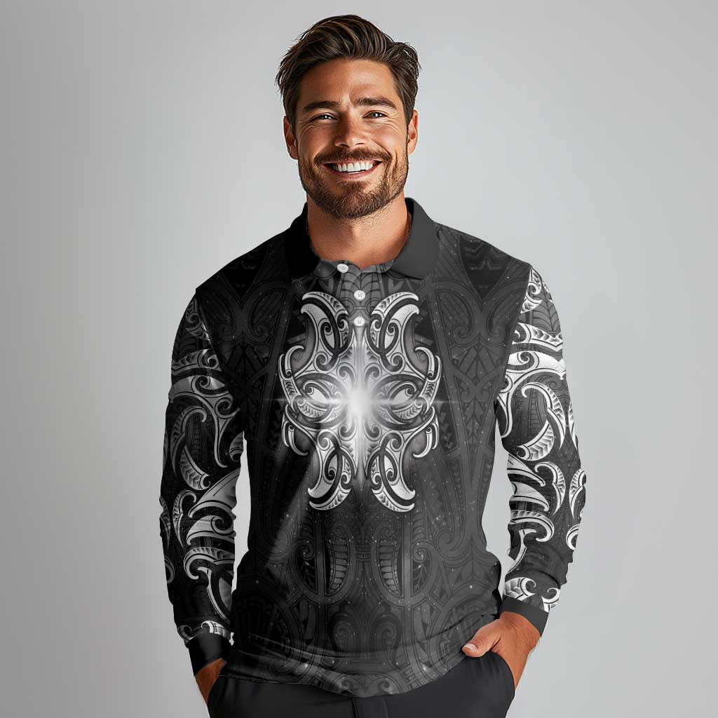 New Zealand Matariki Long Sleeve Polo Shirt Maori Moko Black Galaxy