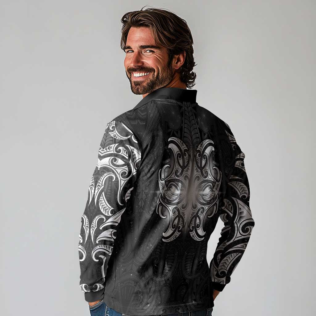 New Zealand Matariki Long Sleeve Polo Shirt Maori Moko Black Galaxy