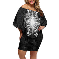 New Zealand Matariki Off Shoulder Short Dress Maori Moko Black Galaxy LT05 Women Black - Polynesian Pride