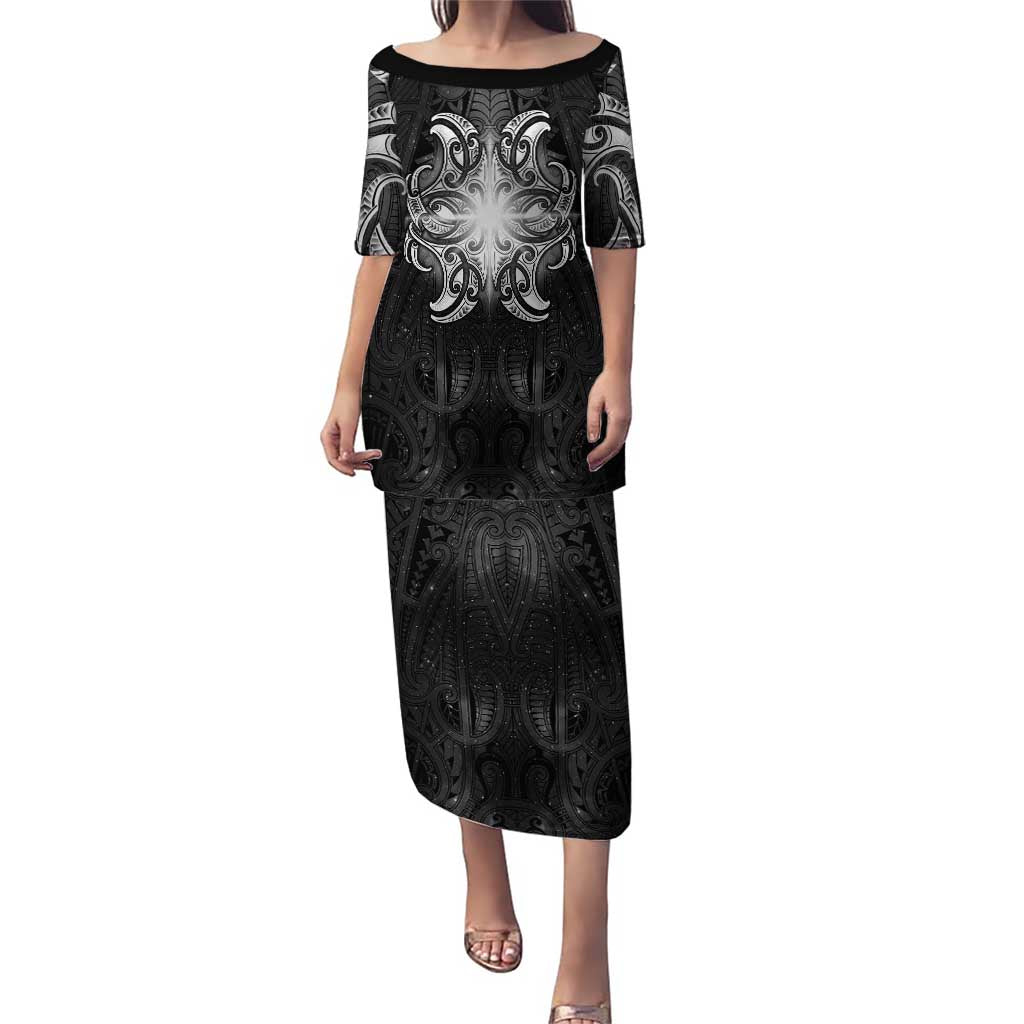 New Zealand Matariki Puletasi Maori Moko Black Galaxy LT05 Long Dress Black - Polynesian Pride