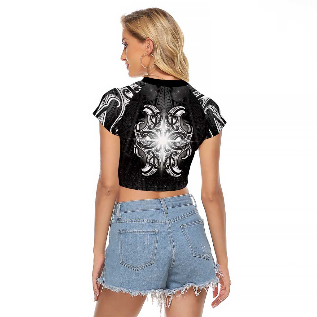 New Zealand Matariki Raglan Cropped T Shirt Maori Moko Black Galaxy LT05 - Polynesian Pride
