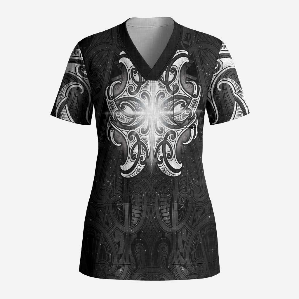 New Zealand Matariki Scrub Top Maori Moko Black Galaxy LT05 Adult Black - Polynesian Pride