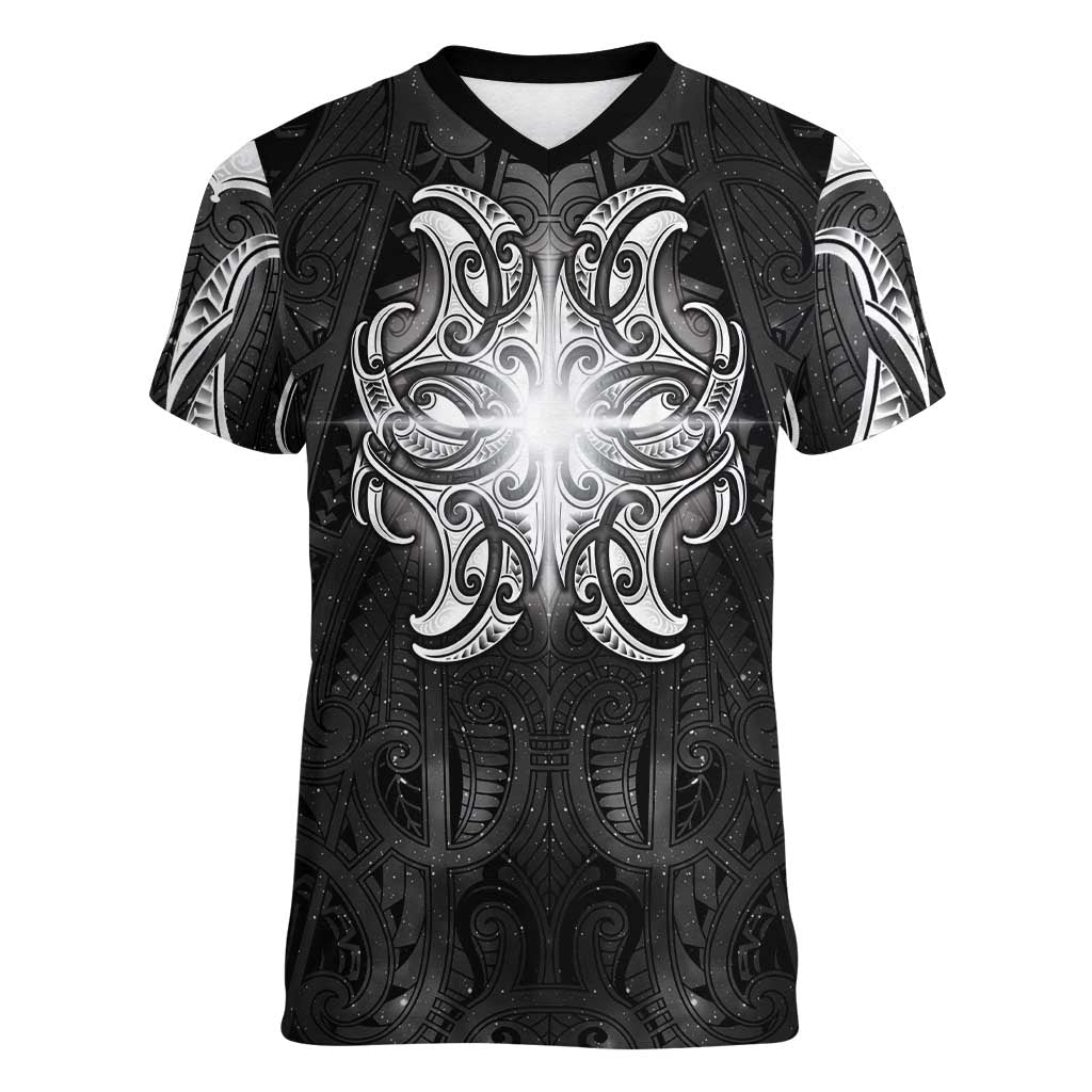 New Zealand Matariki Women V-Neck T-Shirt Maori Moko Black Galaxy LT05 Female Black - Polynesian Pride