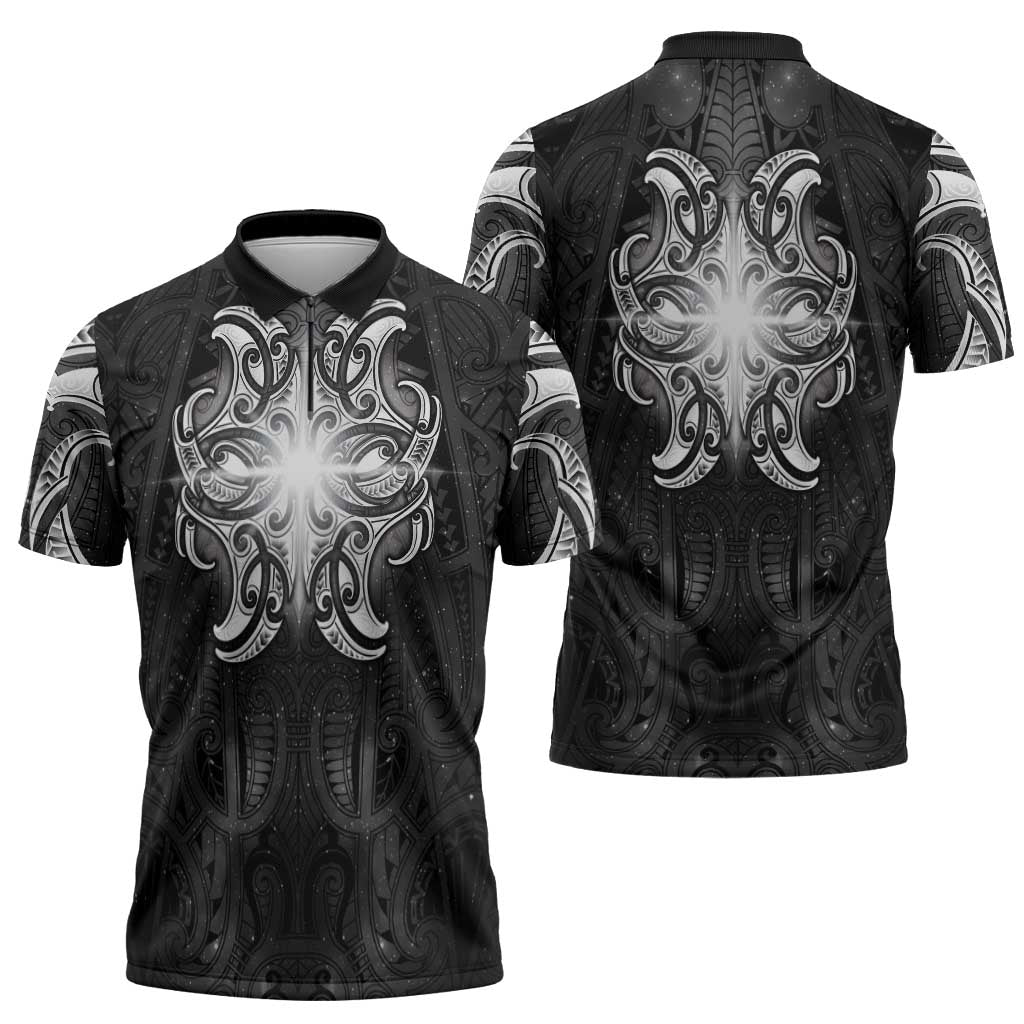 New Zealand Matariki Zipper Polo Shirt Maori Moko Black Galaxy LT05 - Polynesian Pride