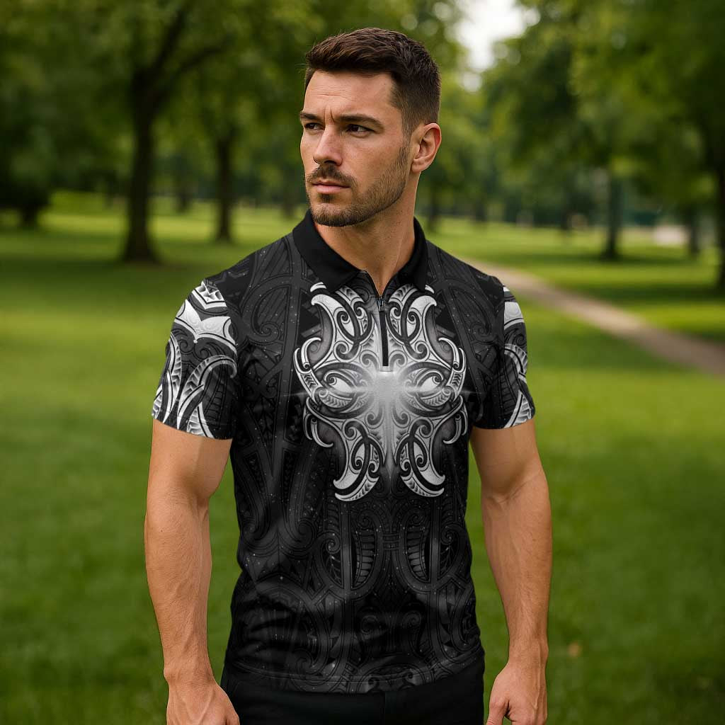 New Zealand Matariki Zipper Polo Shirt Maori Moko Black Galaxy LT05 - Polynesian Pride