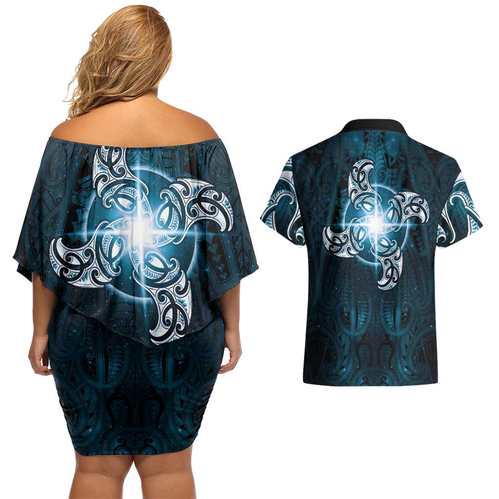New Zealand Matariki Waita Couples Matching Off Shoulder Short Dress and Hawaiian Shirt Maori Moko Dark Blue Galaxy