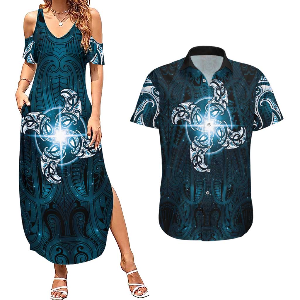 New Zealand Matariki Waita Couples Matching Summer Maxi Dress and Hawaiian Shirt Maori Moko Dark Blue Galaxy LT05 Blue - Polynesian Pride