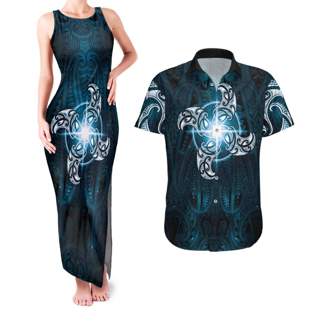 New Zealand Matariki Waita Couples Matching Tank Maxi Dress and Hawaiian Shirt Maori Moko Dark Blue Galaxy