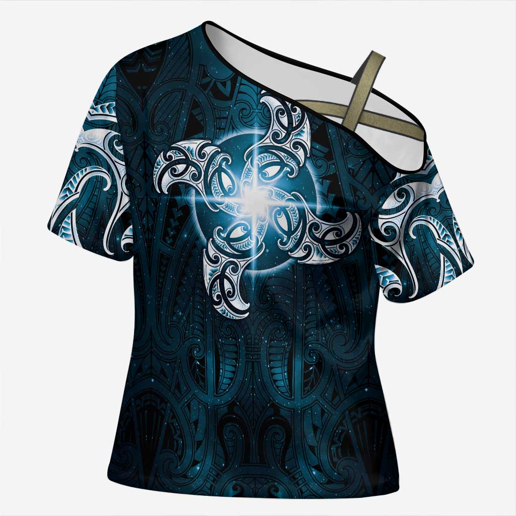 New Zealand Matariki Waita Cross Shoulder Shirt Maori Moko Dark Blue Galaxy LT05 Female Blue - Polynesian Pride