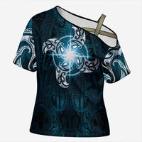 New Zealand Matariki Waita Cross Shoulder Shirt Maori Moko Dark Blue Galaxy LT05 Female Blue - Polynesian Pride
