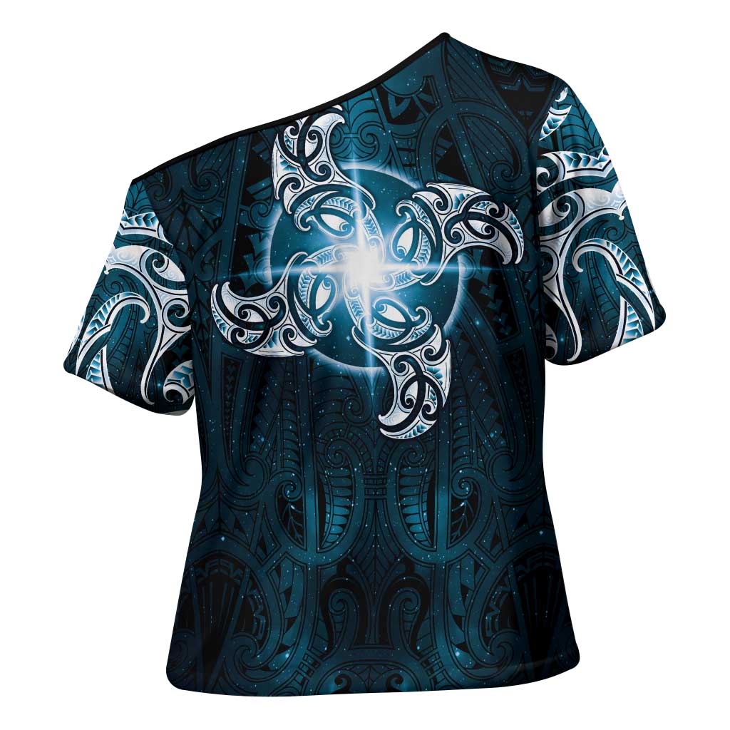 New Zealand Matariki Waita Cross Shoulder Shirt Maori Moko Dark Blue Galaxy LT05 - Polynesian Pride