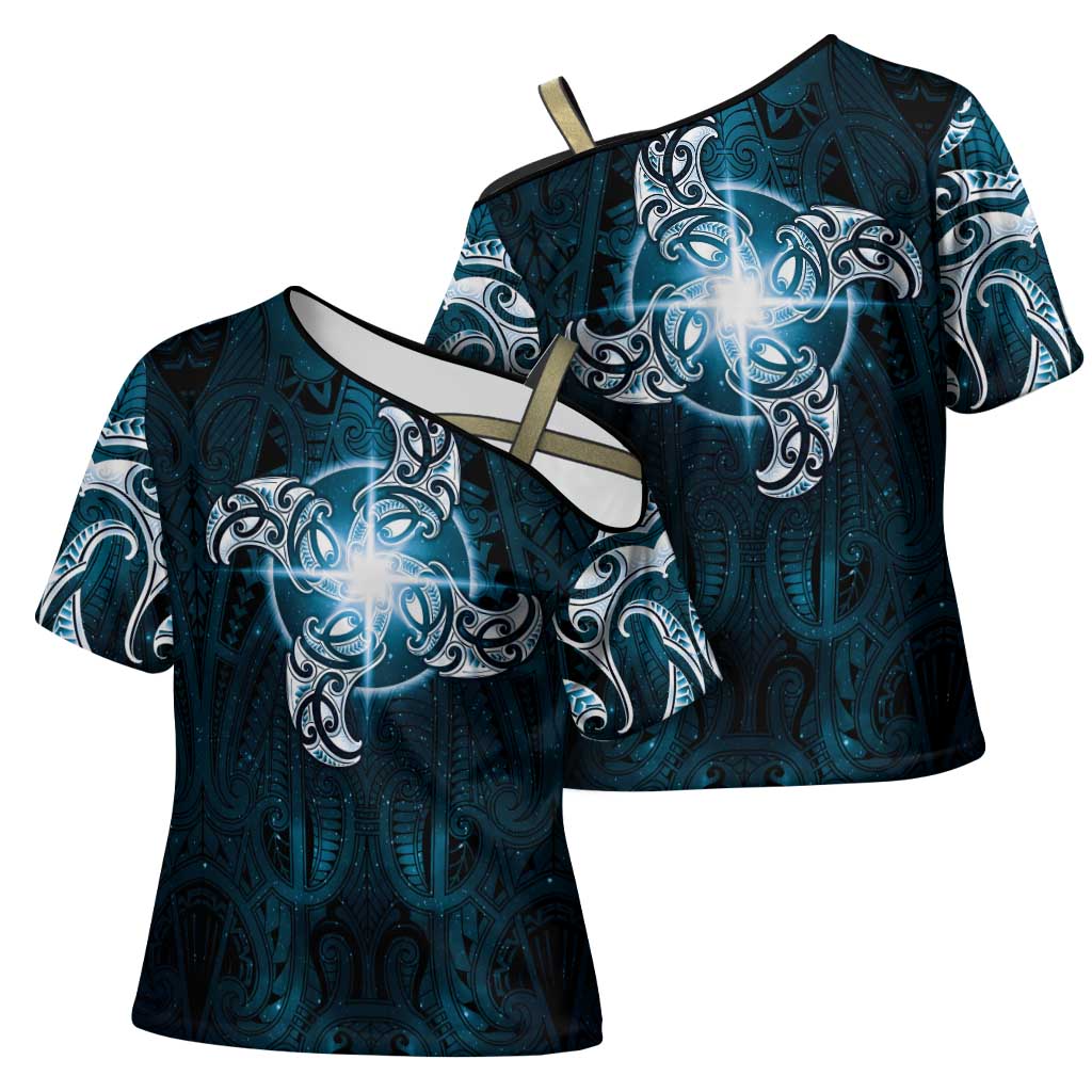 New Zealand Matariki Waita Cross Shoulder Shirt Maori Moko Dark Blue Galaxy LT05 - Polynesian Pride