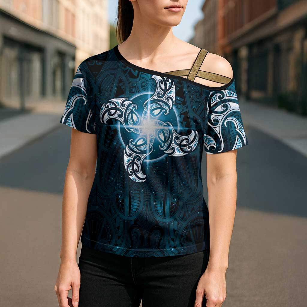 New Zealand Matariki Waita Cross Shoulder Shirt Maori Moko Dark Blue Galaxy LT05 - Polynesian Pride