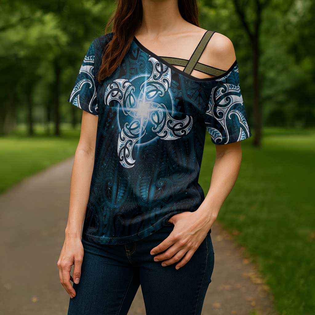 New Zealand Matariki Waita Cross Shoulder Shirt Maori Moko Dark Blue Galaxy LT05 - Polynesian Pride