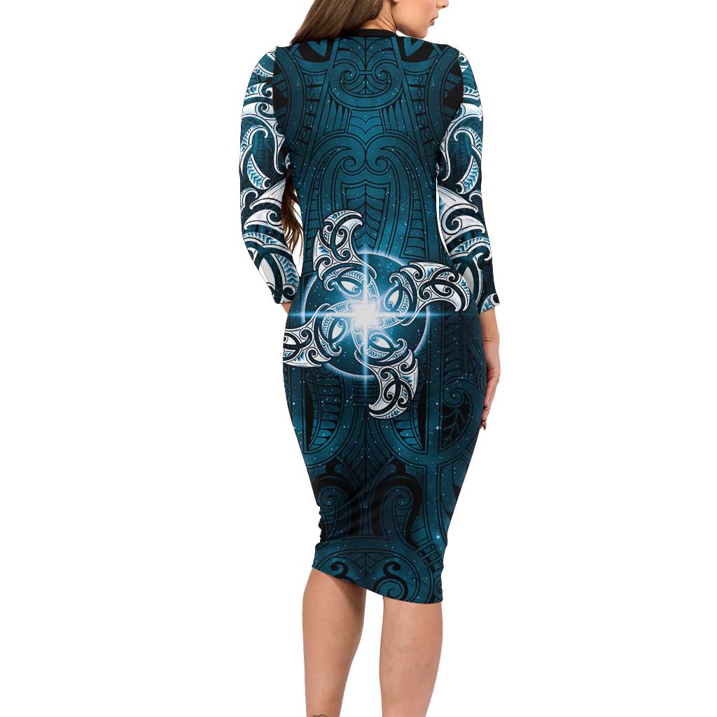 New Zealand Matariki Waita Family Matching Long Sleeve Bodycon Dress and Hawaiian Shirt Maori Moko Dark Blue Galaxy