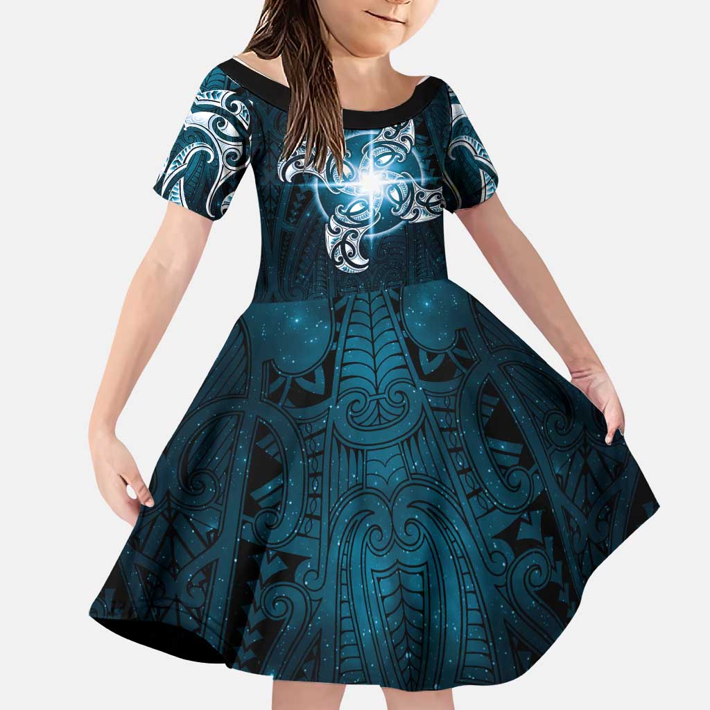 New Zealand Matariki Waita Family Matching Off Shoulder Maxi Dress and Hawaiian Shirt Maori Moko Dark Blue Galaxy