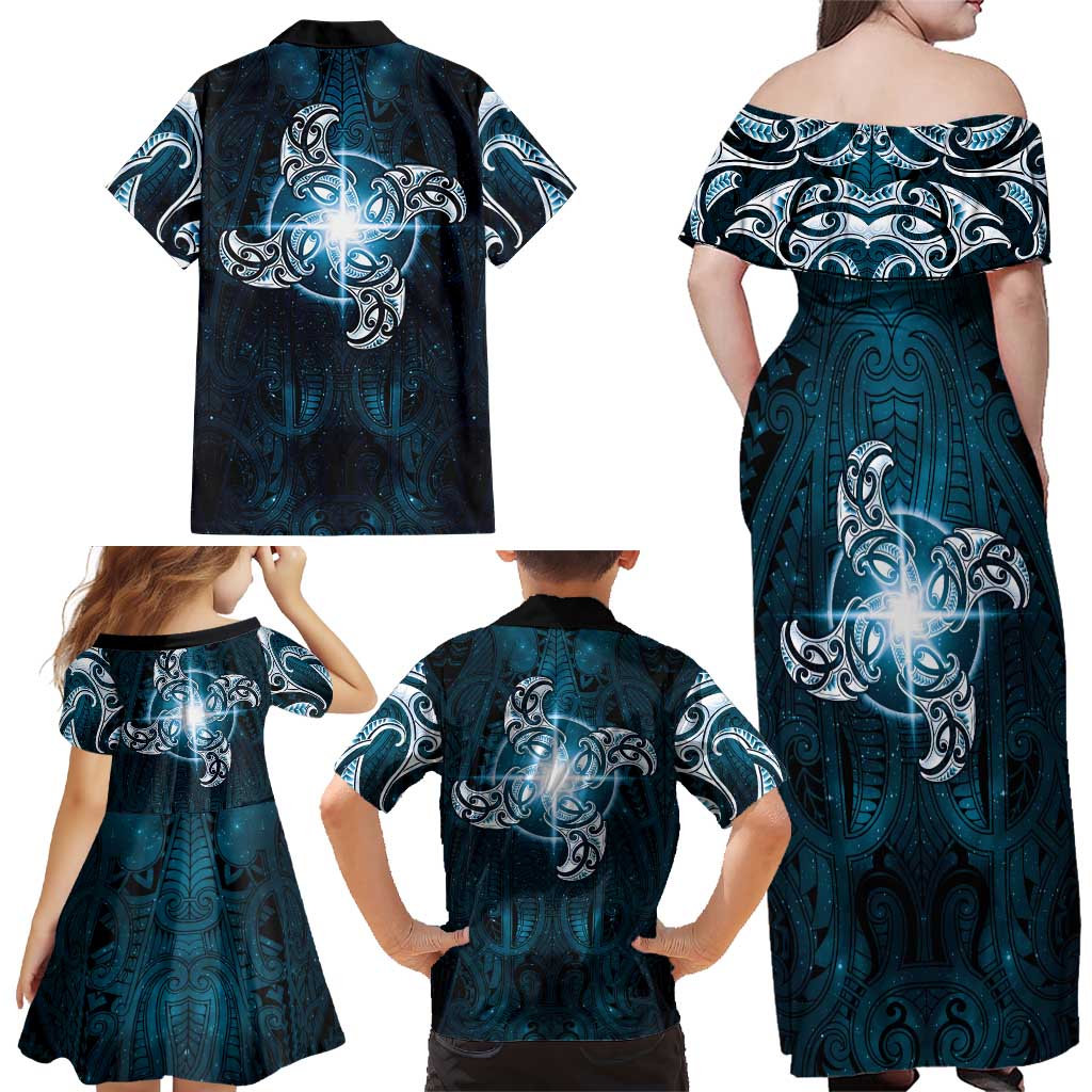 New Zealand Matariki Waita Family Matching Off Shoulder Maxi Dress and Hawaiian Shirt Maori Moko Dark Blue Galaxy