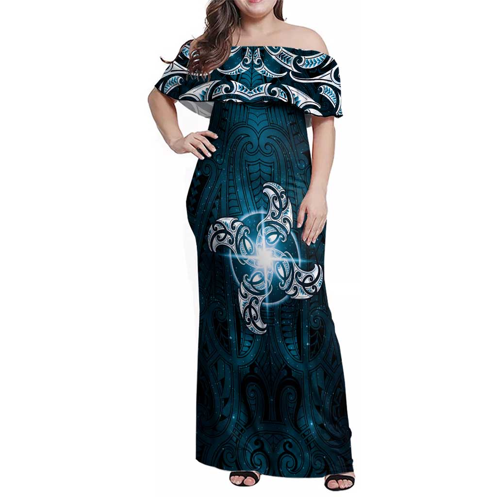 New Zealand Matariki Waita Family Matching Off Shoulder Maxi Dress and Hawaiian Shirt Maori Moko Dark Blue Galaxy