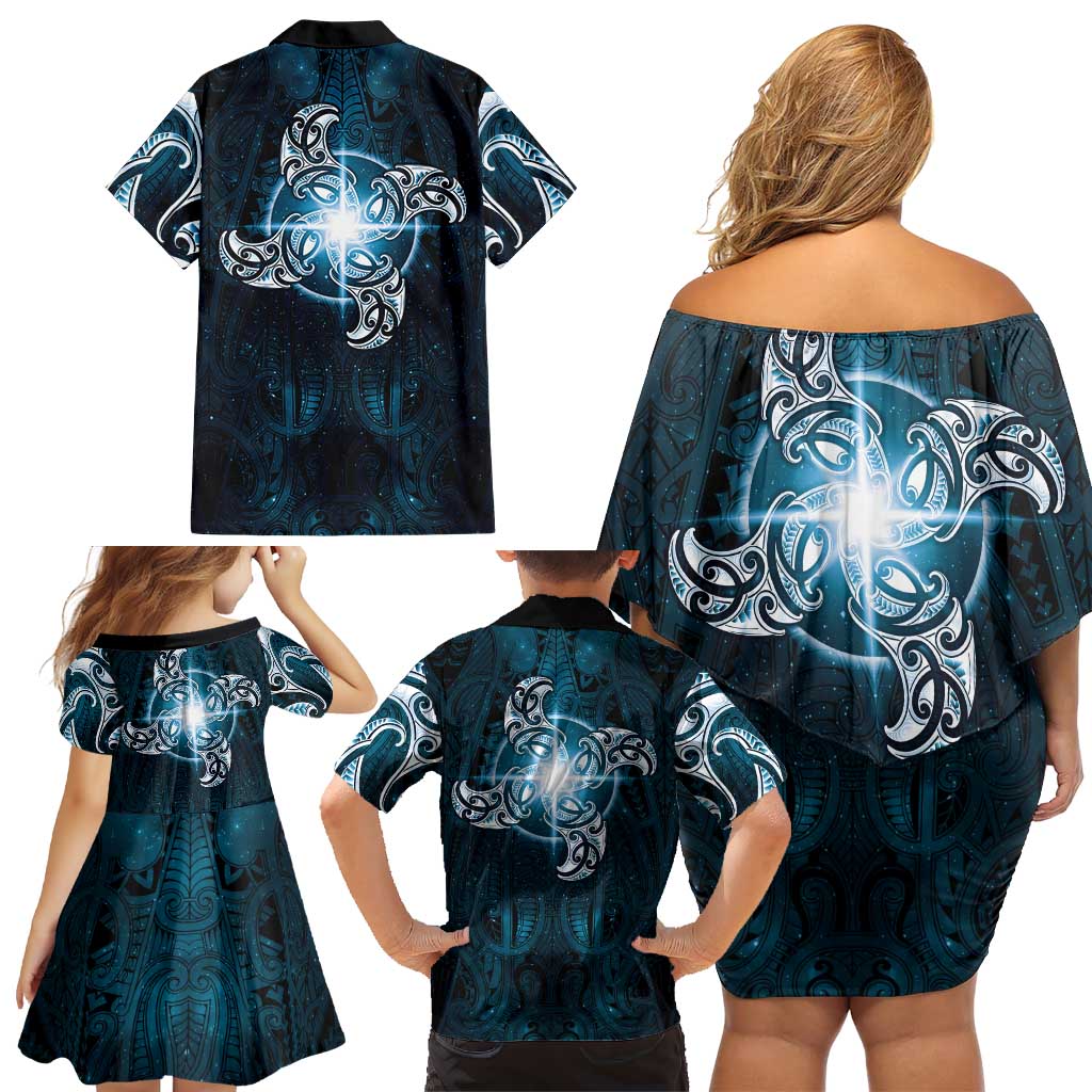 New Zealand Matariki Waita Family Matching Off Shoulder Short Dress and Hawaiian Shirt Maori Moko Dark Blue Galaxy