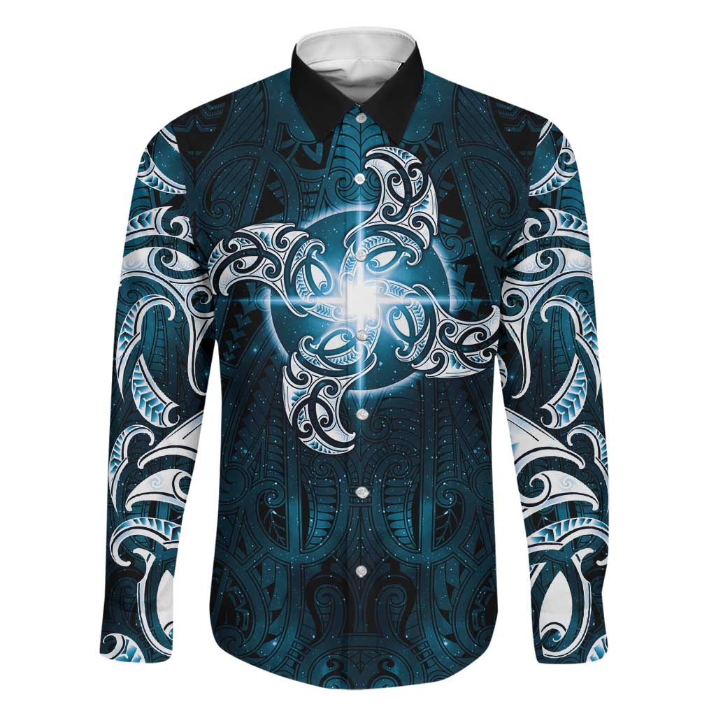 New Zealand Matariki Waita Family Matching Off Shoulder Short Dress and Hawaiian Shirt Maori Moko Dark Blue Galaxy