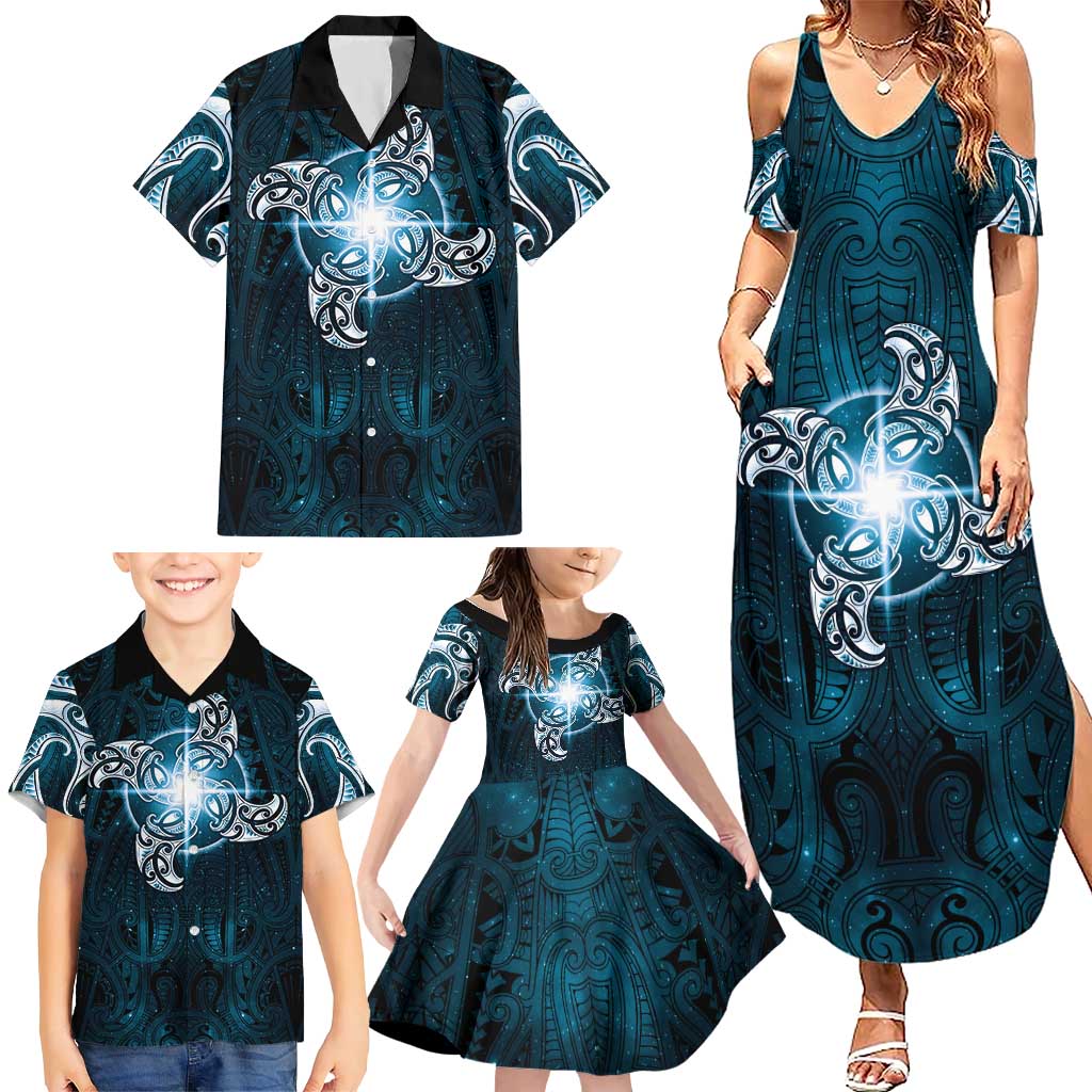 New Zealand Matariki Waita Family Matching Summer Maxi Dress and Hawaiian Shirt Maori Moko Dark Blue Galaxy LT05 - Polynesian Pride