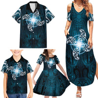 New Zealand Matariki Waita Family Matching Summer Maxi Dress and Hawaiian Shirt Maori Moko Dark Blue Galaxy