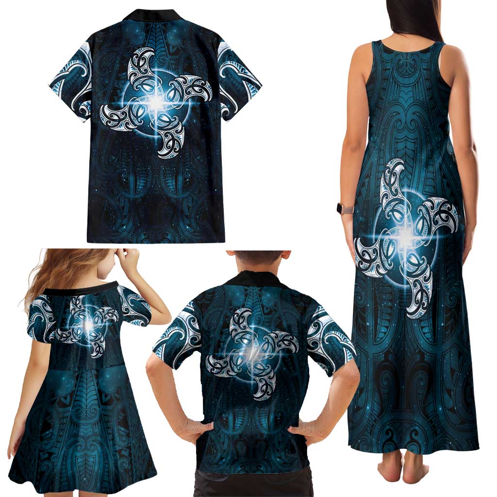 New Zealand Matariki Waita Family Matching Tank Maxi Dress and Hawaiian Shirt Maori Moko Dark Blue Galaxy