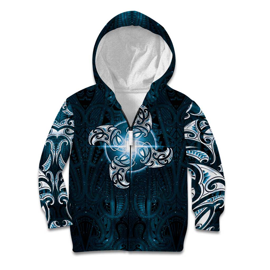 New Zealand Matariki Waita Kid Hoodie Maori Moko Dark Blue Galaxy LT05 Zip Hoodie Blue - Polynesian Pride