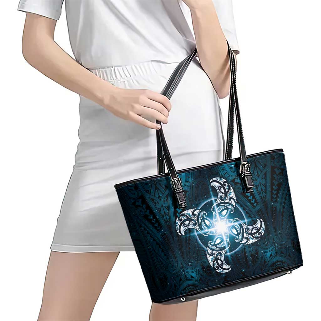 New Zealand Matariki Waita Leather Tote Bag Maori Moko Dark Blue Galaxy LT05 - Polynesian Pride