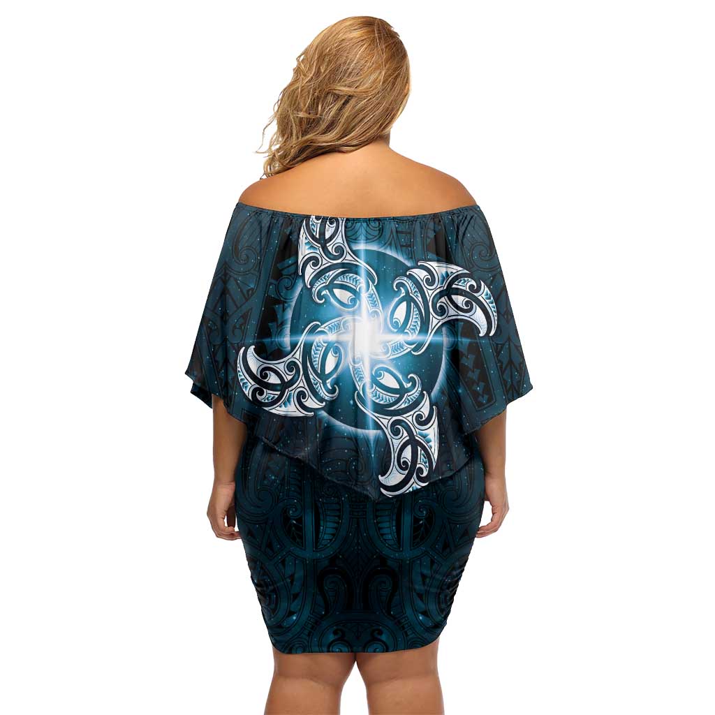 New Zealand Matariki Waita Off Shoulder Short Dress Maori Moko Dark Blue Galaxy LT05 - Polynesian Pride