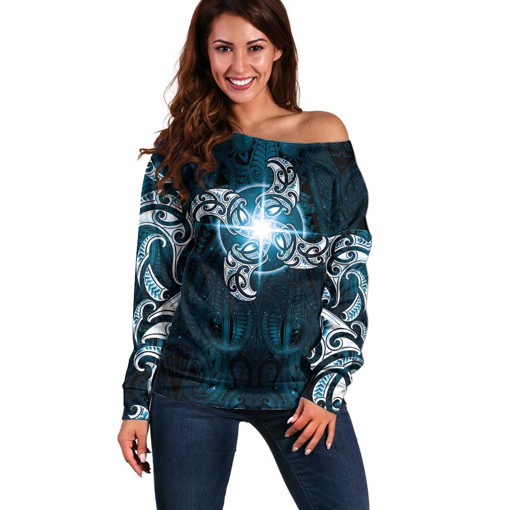 New Zealand Matariki Waita Off Shoulder Sweater Maori Moko Dark Blue Galaxy LT05 Women Blue - Polynesian Pride