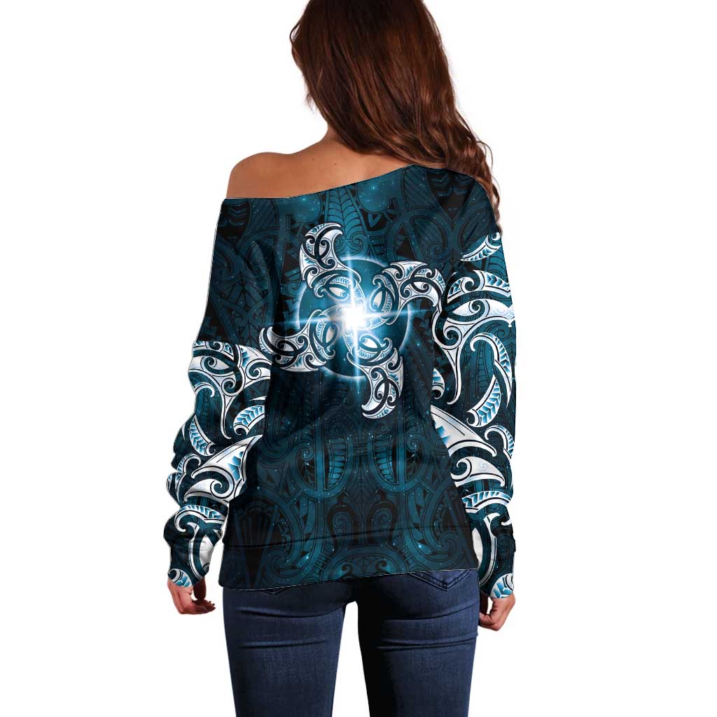 New Zealand Matariki Waita Off Shoulder Sweater Maori Moko Dark Blue Galaxy LT05 - Polynesian Pride