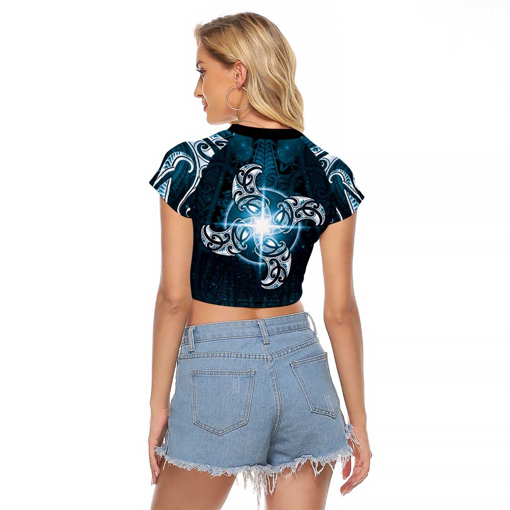 New Zealand Matariki Waita Raglan Cropped T Shirt Maori Moko Dark Blue Galaxy LT05 - Polynesian Pride