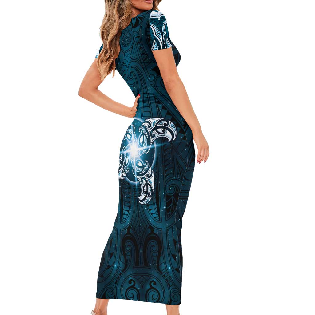 New Zealand Matariki Waita Short Sleeve Bodycon Dress Maori Moko Dark Blue Galaxy LT05 - Polynesian Pride