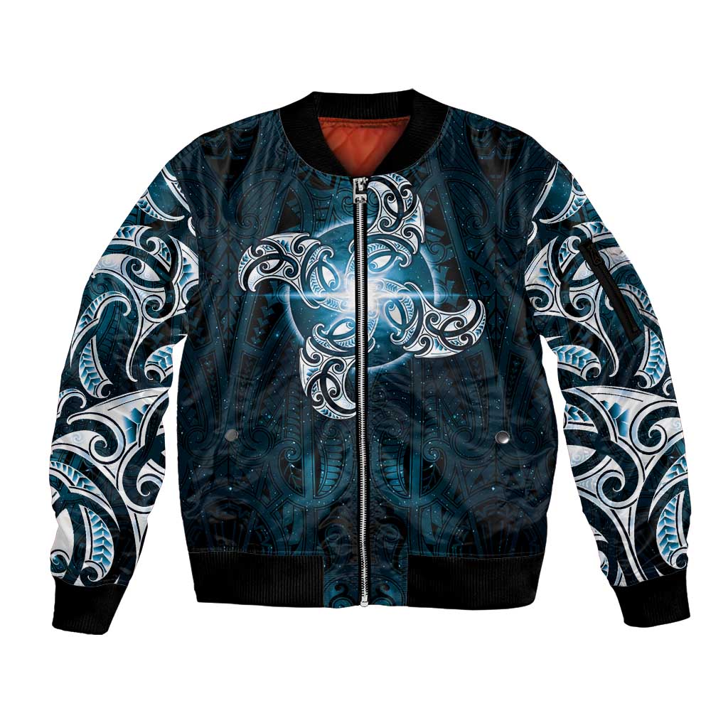 New Zealand Matariki Waita Sleeve Zip Bomber Jacket Maori Moko Dark Blue Galaxy LT05 Unisex Blue - Polynesian Pride
