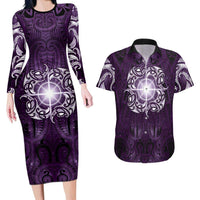 New Zealand Matariki Waipunarangi Couples Matching Long Sleeve Bodycon Dress and Hawaiian Shirt Maori Moko Purple Galaxy