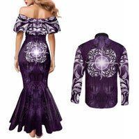New Zealand Matariki Waipunarangi Couples Matching Mermaid Dress and Long Sleeve Button Shirt Maori Moko Purple Galaxy