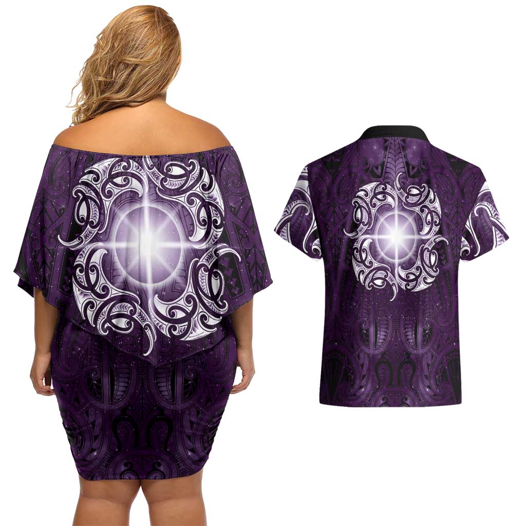 New Zealand Matariki Waipunarangi Couples Matching Off Shoulder Short Dress and Hawaiian Shirt Maori Moko Purple Galaxy