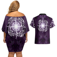 New Zealand Matariki Waipunarangi Couples Matching Off Shoulder Short Dress and Hawaiian Shirt Maori Moko Purple Galaxy
