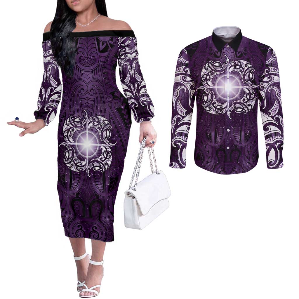 New Zealand Matariki Waipunarangi Couples Matching Off The Shoulder Long Sleeve Dress and Long Sleeve Button Shirt Maori Moko Purple Galaxy