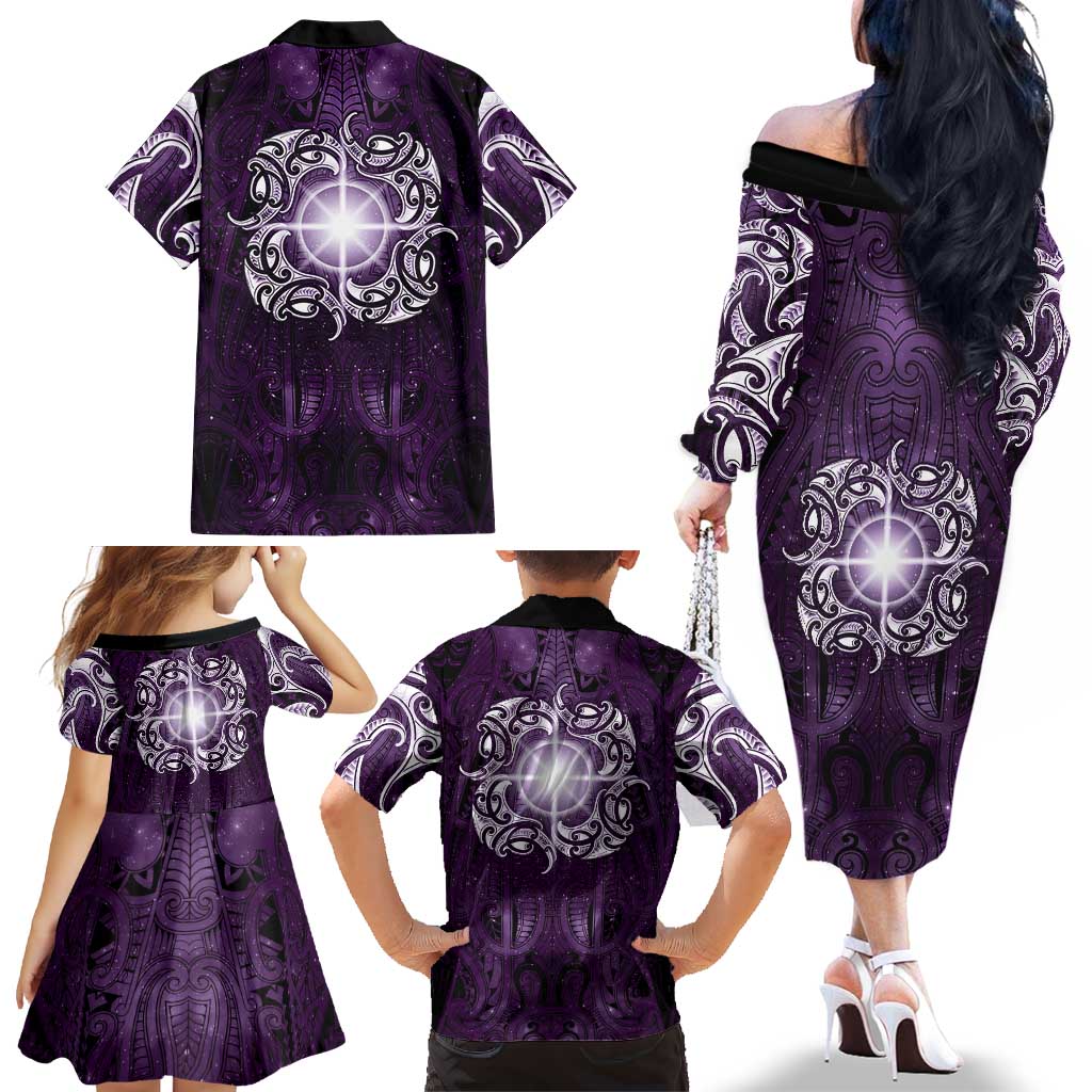 New Zealand Matariki Waipunarangi Family Matching Off The Shoulder Long Sleeve Dress and Hawaiian Shirt Maori Moko Purple Galaxy