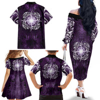New Zealand Matariki Waipunarangi Family Matching Off The Shoulder Long Sleeve Dress and Hawaiian Shirt Maori Moko Purple Galaxy
