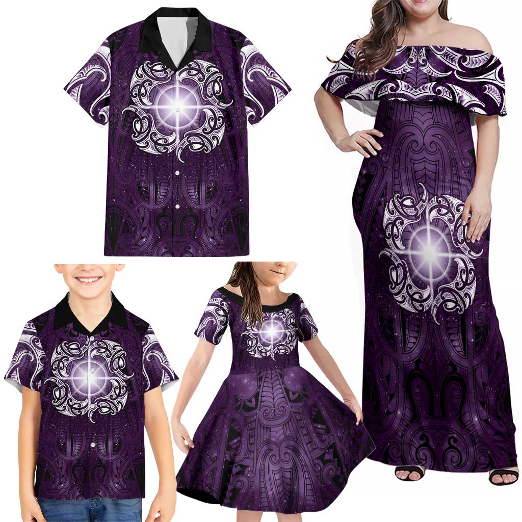 New Zealand Matariki Waipunarangi Family Matching Off Shoulder Maxi Dress and Hawaiian Shirt Maori Moko Purple Galaxy LT05 - Polynesian Pride
