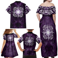 New Zealand Matariki Waipunarangi Family Matching Off Shoulder Maxi Dress and Hawaiian Shirt Maori Moko Purple Galaxy