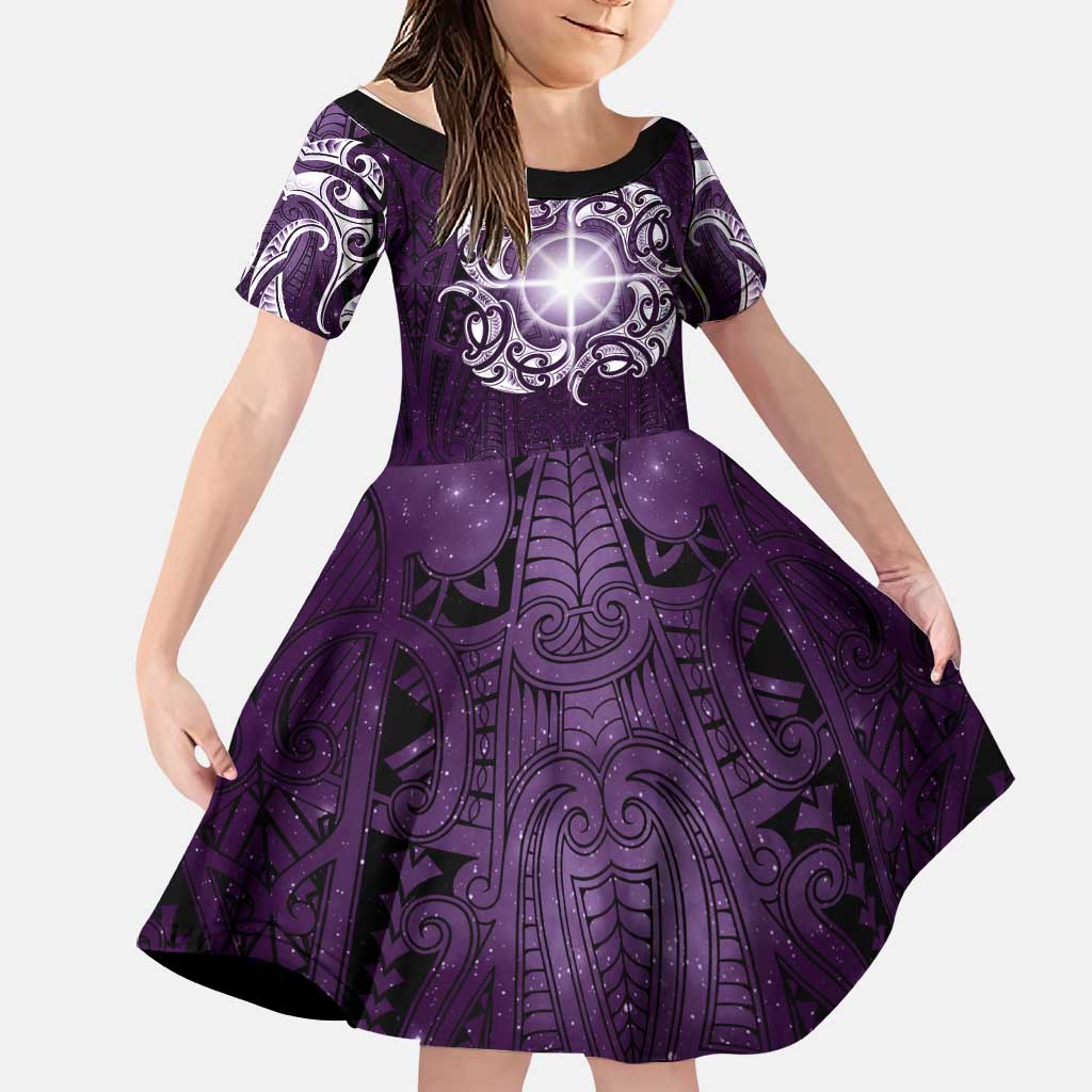 New Zealand Matariki Waipunarangi Family Matching Off Shoulder Short Dress and Hawaiian Shirt Maori Moko Purple Galaxy