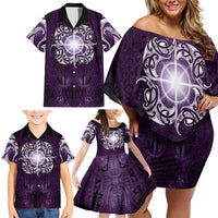 New Zealand Matariki Waipunarangi Family Matching Off Shoulder Short Dress and Hawaiian Shirt Maori Moko Purple Galaxy